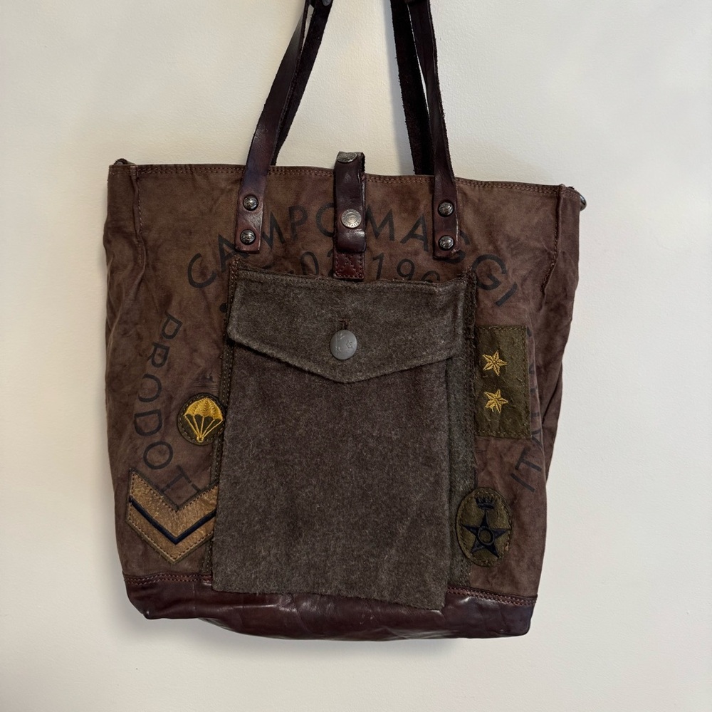 Campomaggi Brown Canvas & Leather Military Patch Messenger Tote